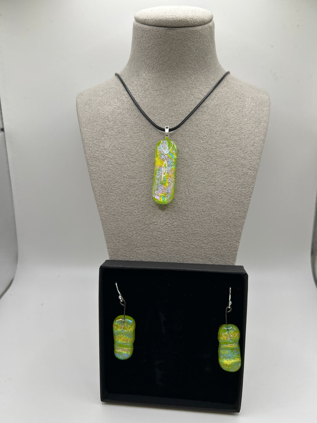 Green Rectangle Pendant on Cord & Stud Earring Set