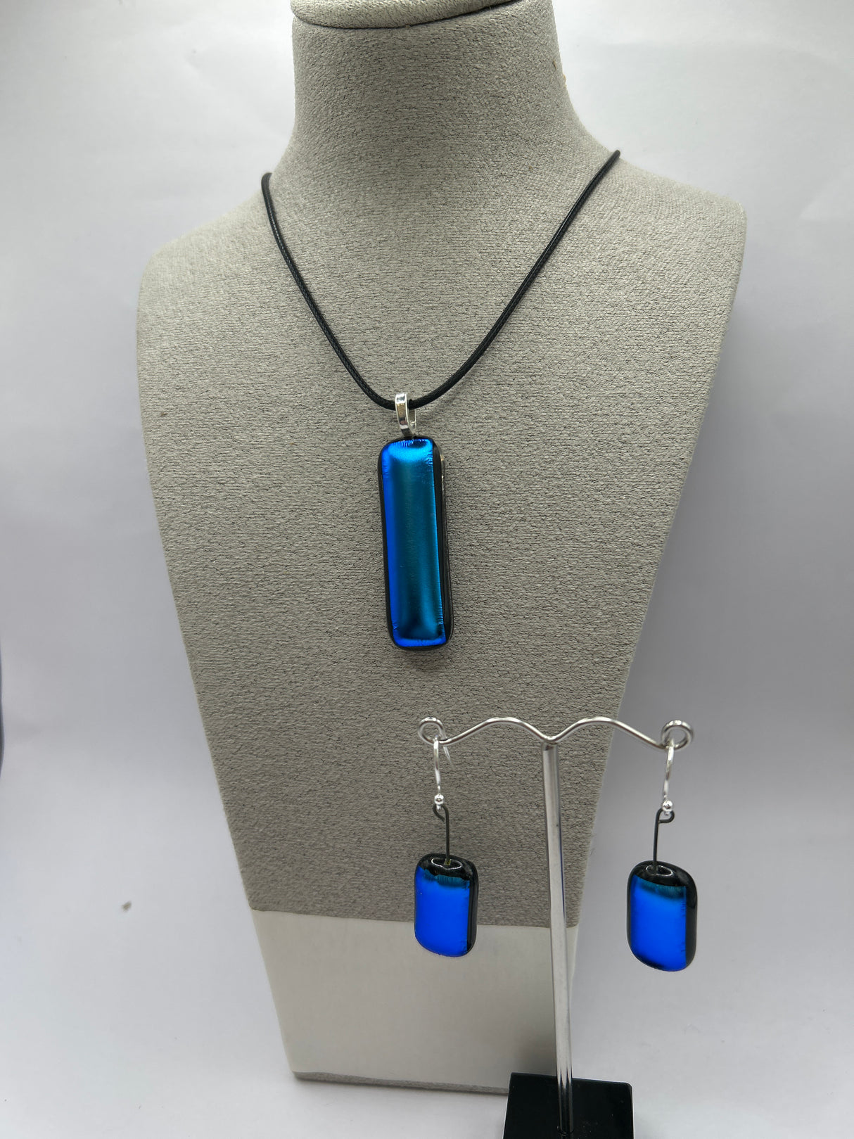 Small Rectangle Dichroic Pendant on Cord and Earring Set