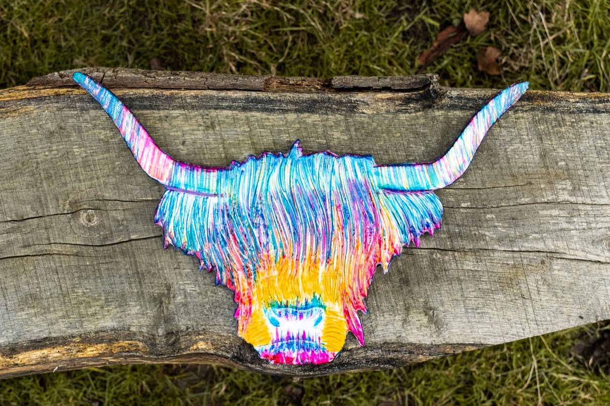Large Rainbow Highland Cow Head Aluminium Decoration (50cm)