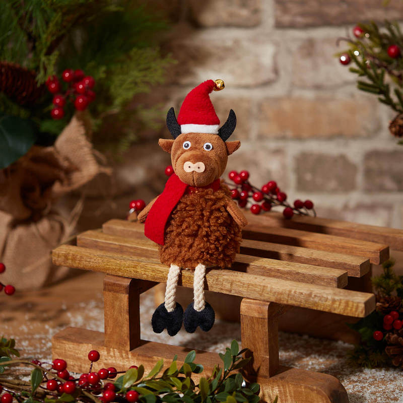 Deck the Horns Highland Cow with Red Scarf & Hat Shelf Sitter