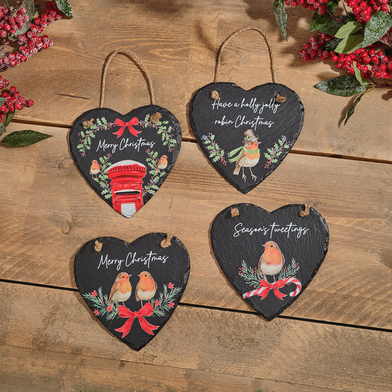Festive Robin In Foliage With Bow Heart Slate Hanger