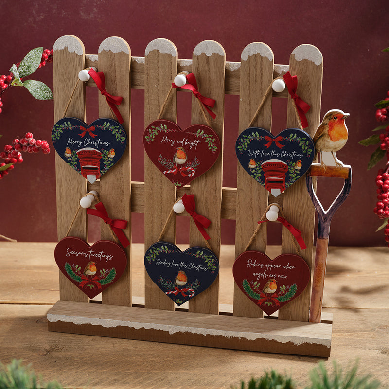 Festive Robin Sentiment Wooden Heart Hanger