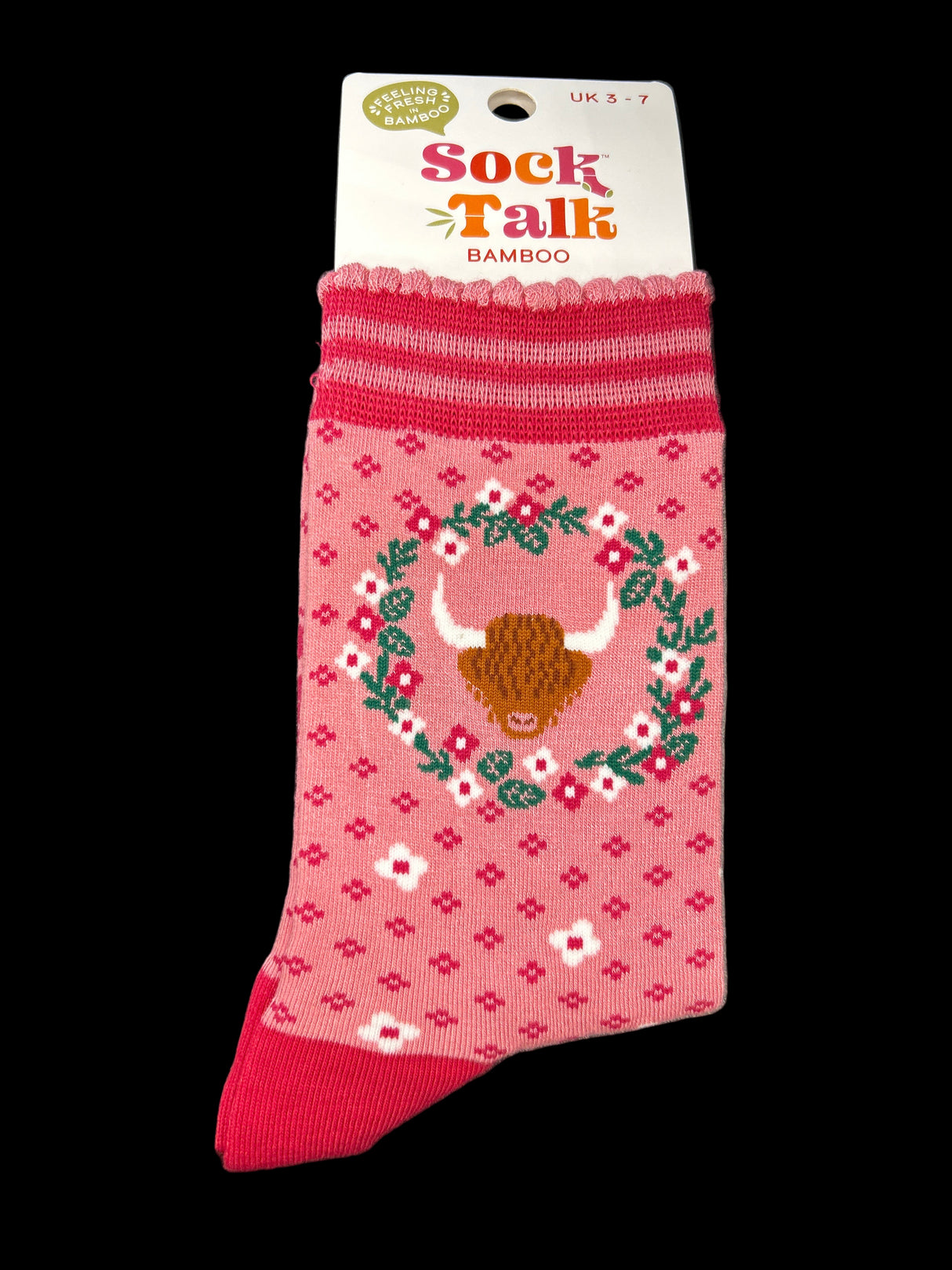 Ladies Pink Wreath Highland Cow Bamboo Socks