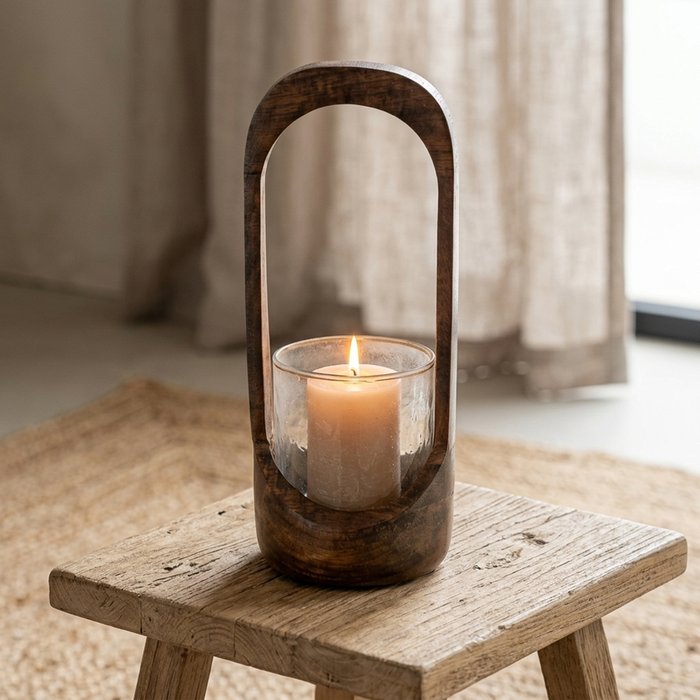“Meola” Small Wooden Oval Glass Windlight Candle Holder (26cm Tall)