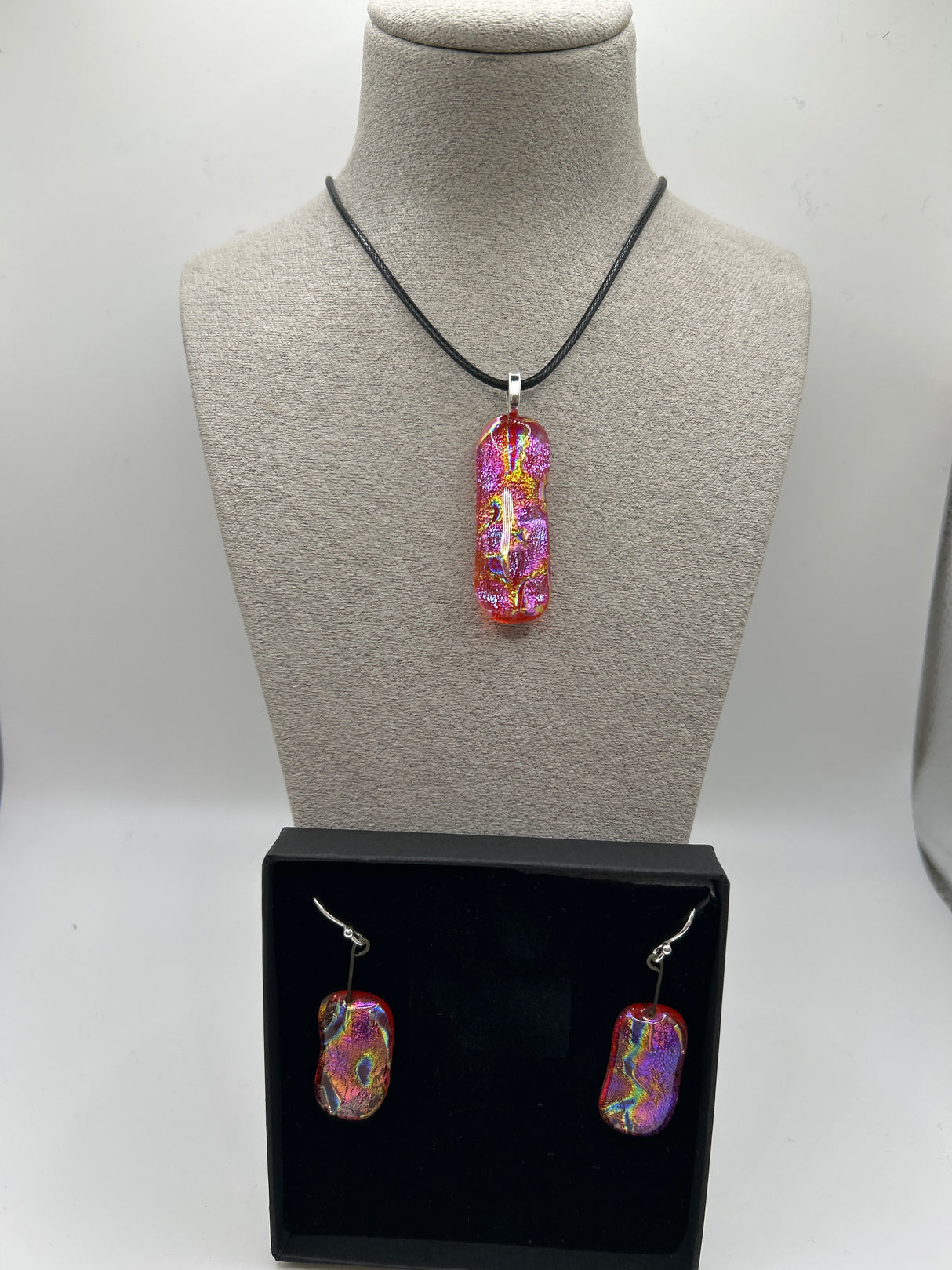 Orange Rectangle Pendant on Cord & Stud Earring Set