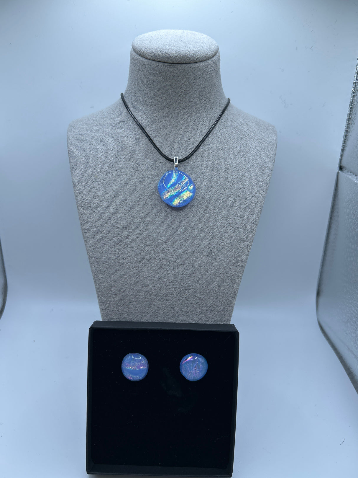 Blue Circle Pendant on Cord & Stud Earring Set