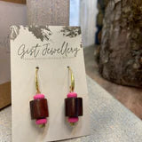 Dyed Wood, Clay & Crystal Drop Earrings on Gold Plated Hooks