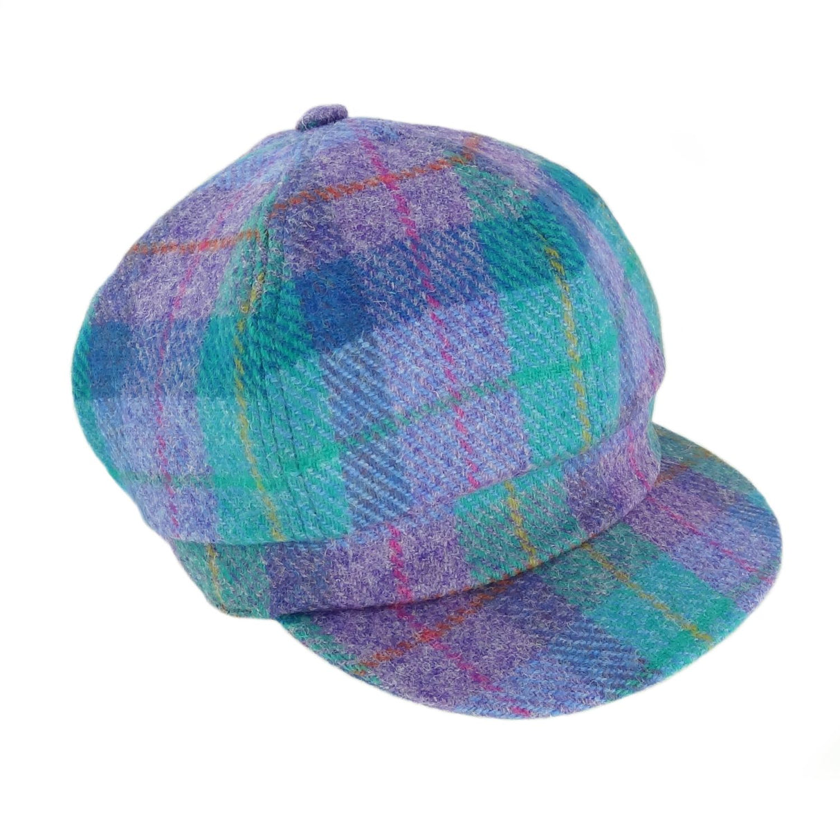 Ladies Harris Tweed Cap Green and Purple Tartan