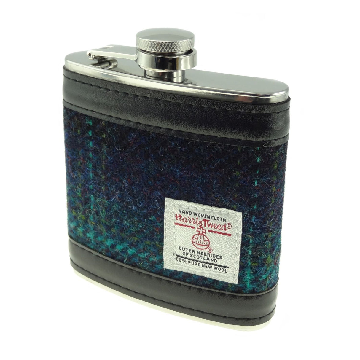 Harris Tweed Boxed 6oz Hip Flask Blue with Turquoise Overcheck