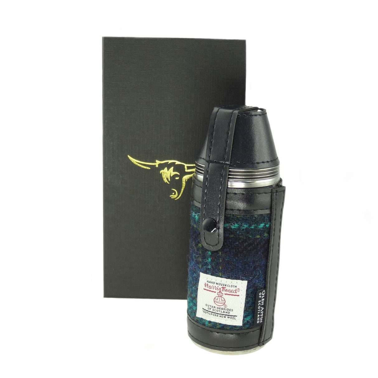 Harris Tweed Boxed 8oz Hunting Flask Blue with Turquoise Overcheck