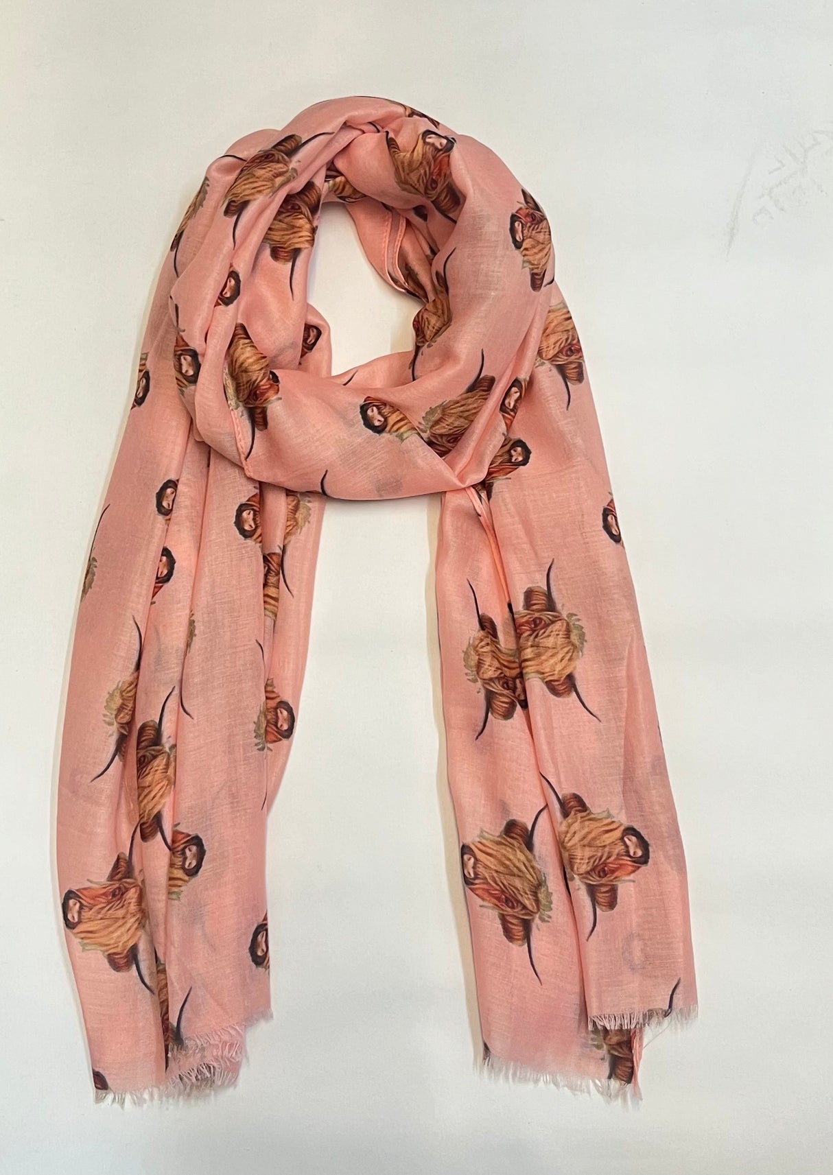 Pink Lightweight Cashmere Blend Highland Cow Scarf
