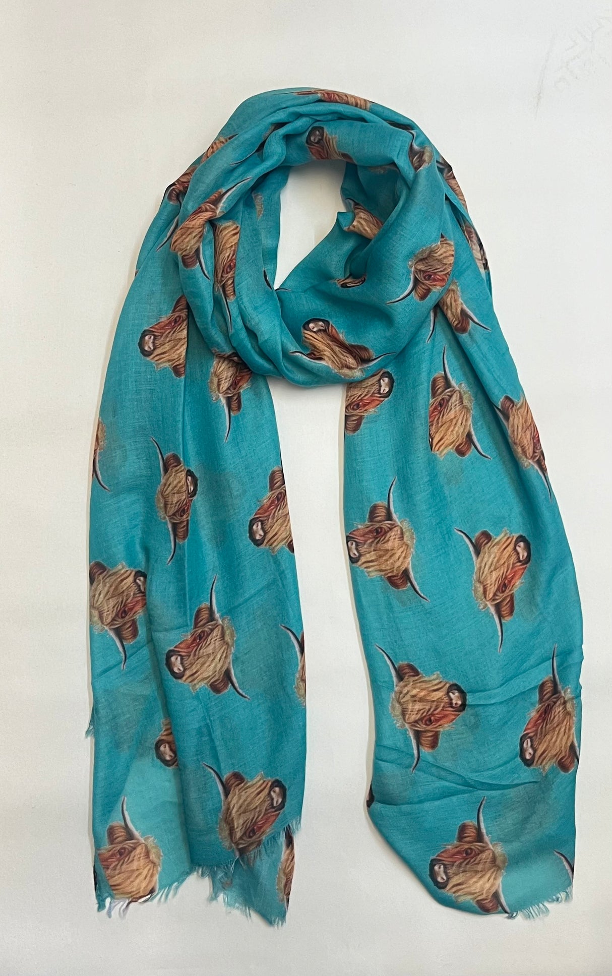 Teal Lightweight Cashmere Blend Highland Cow Scarf