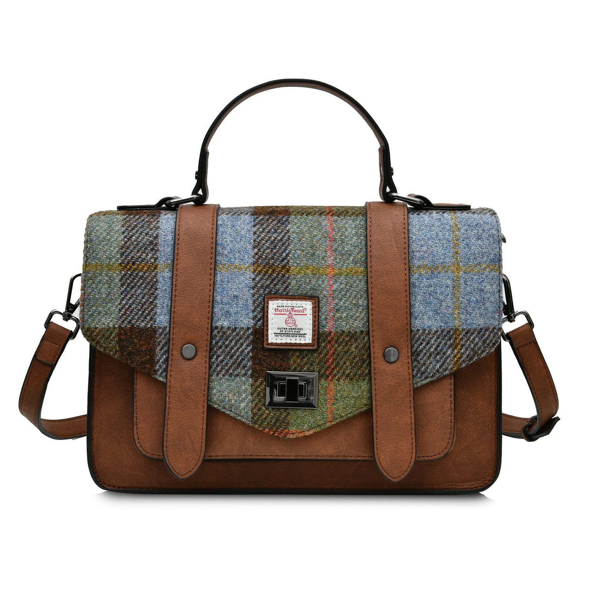 Chestnut & Blue Tartan Large Satchel Bag in Harris Tweed