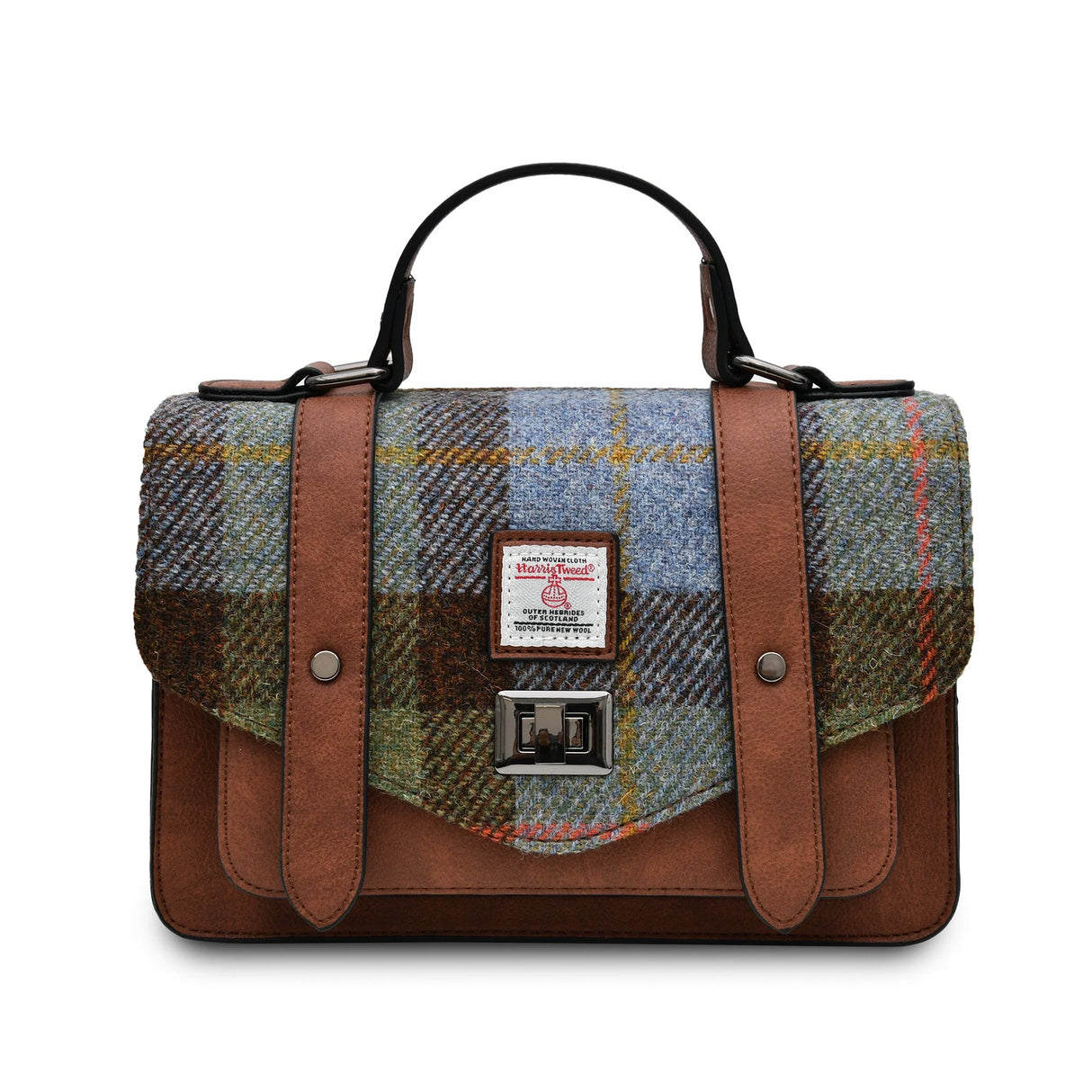 Chestnut & Blue Tartan Medium Satchel Bag in Harris Tweed