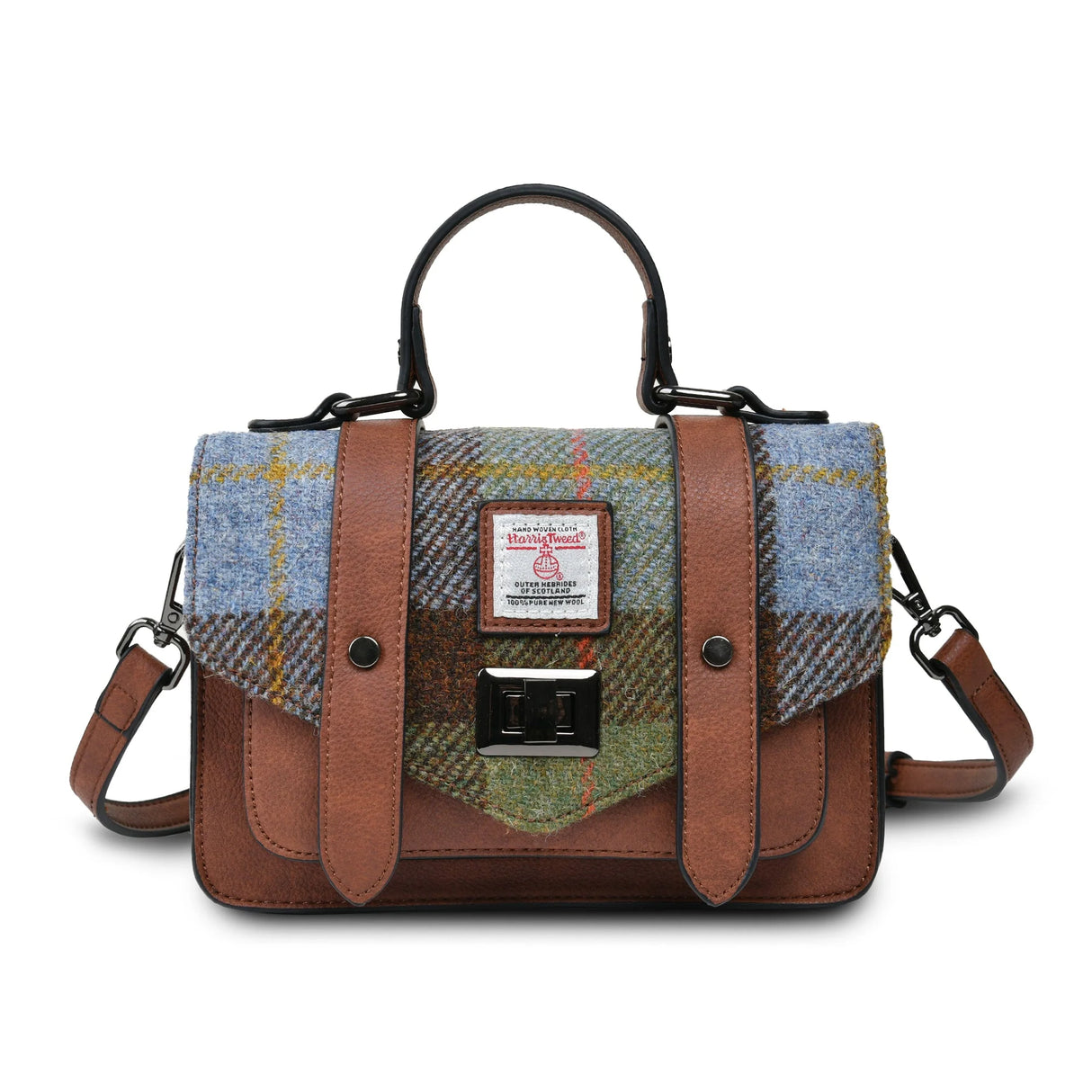 Chestnut & Blue Tartan Mini Satchel Bag in Harris Tweed
