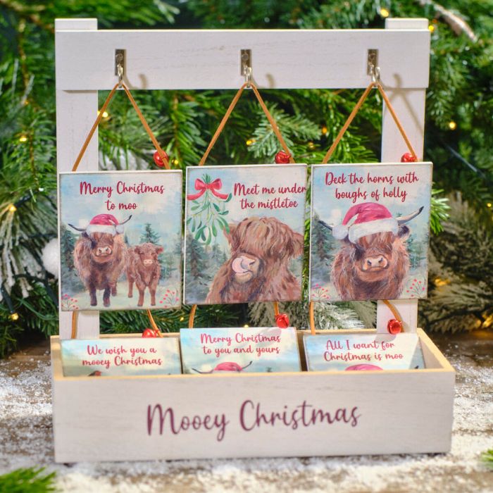 Frosted Highland Cow Wooden Hanger with Bell (6 Assorted