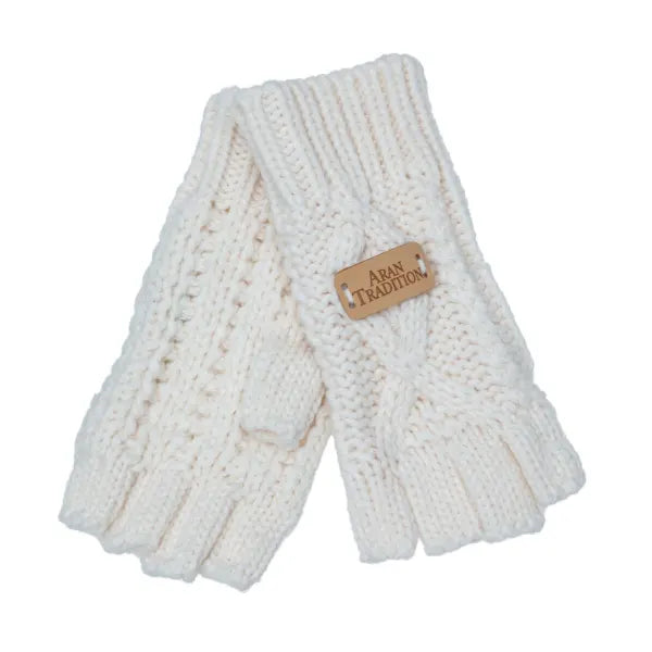 Aran Cable Fingerless Gloves - Cream
