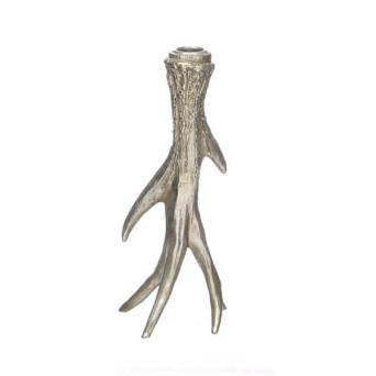 Antique Silver Effect Antler Single Candle Holder (25cm)