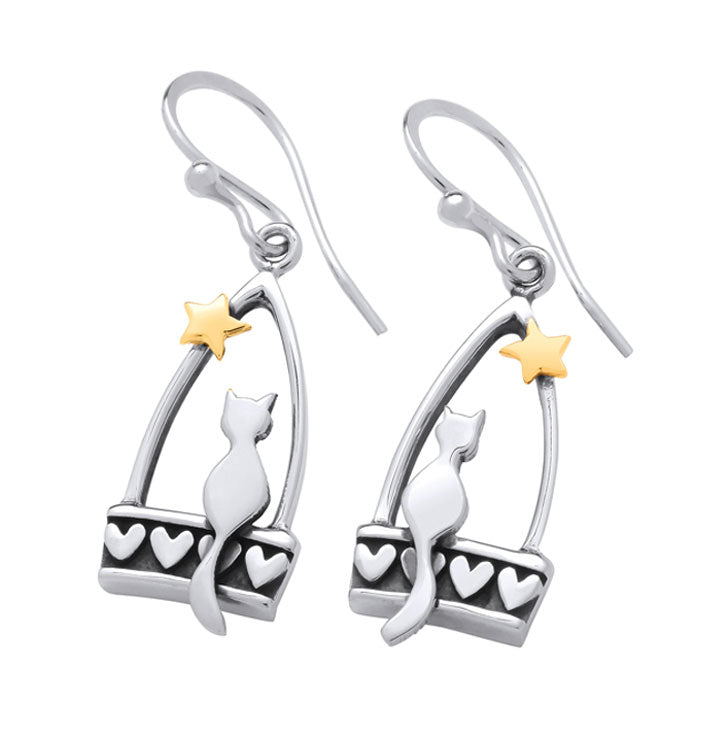 Cat In Starlight Best Friends Drop Earrings - Silver & 9ct Gold