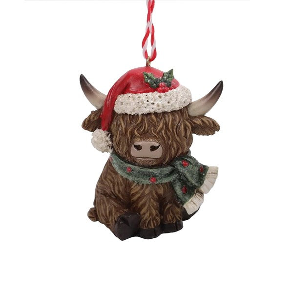 Highland Cow with Santa Hat & scarf Tree Decoration 8cm