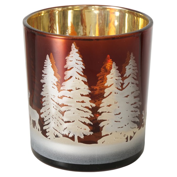 Small Stag In The Forest Scene “Lorel” Round Brown Glass Candle Holder (8cm Tall)