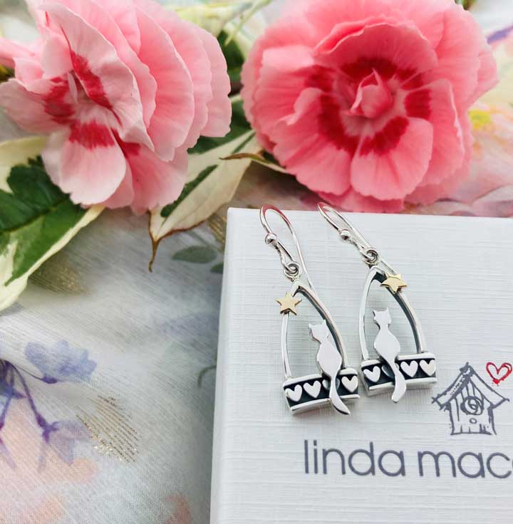 Cat In Starlight Best Friends Drop Earrings - Silver & 9ct Gold