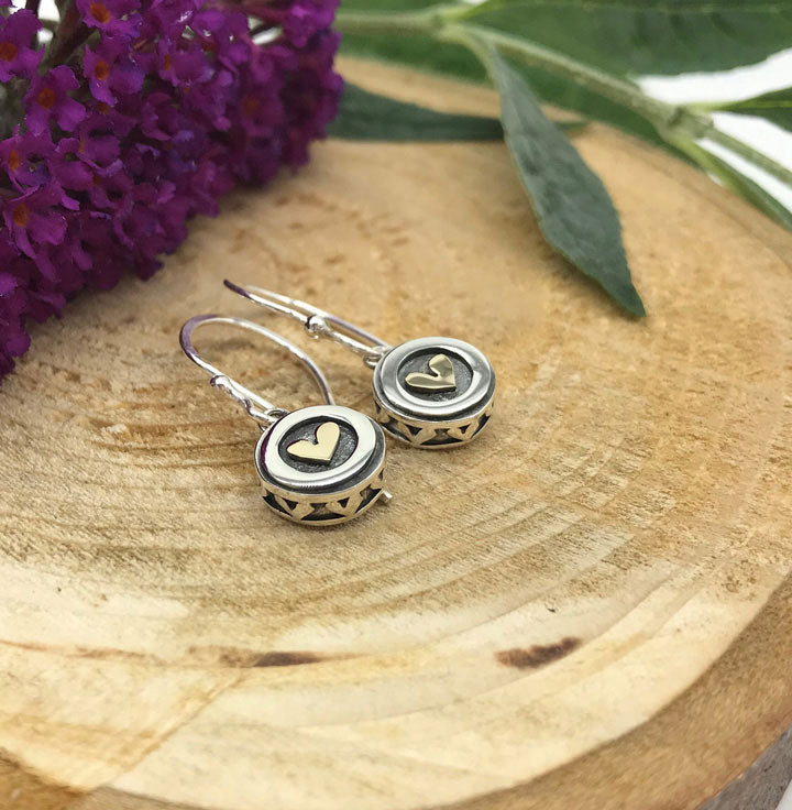 Heart & Drum Moondance Drop Earrings - Silver & 9ct Yellow Gold