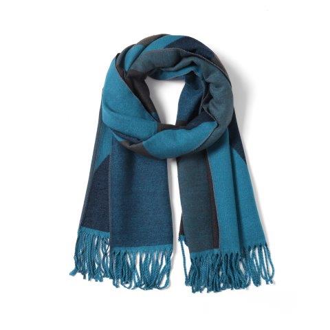 Cyan / Grey Cashmere Blend Reversible Multi Geometric Scarf