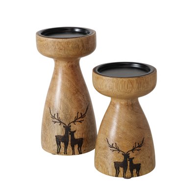 Medium “Wilbur” Mango Wood Pillar With Stag Engraving Candle Holder (15cm tall)