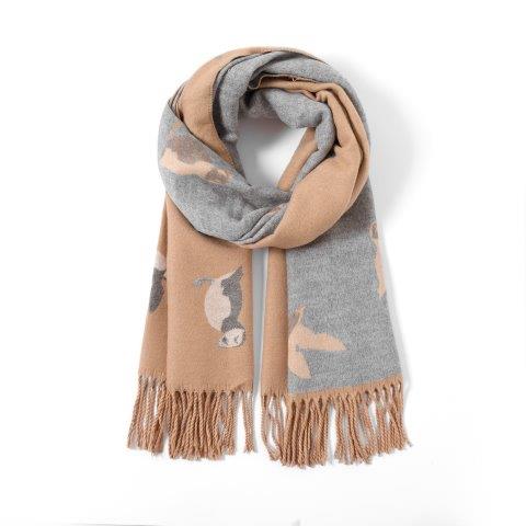Camel/Grey Cashmere Blend Reversible Puffins Scarf