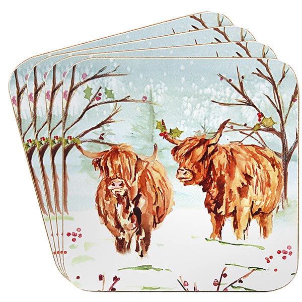 Jennifer Rose Christmas Highland Cow Set of 4 Coasters