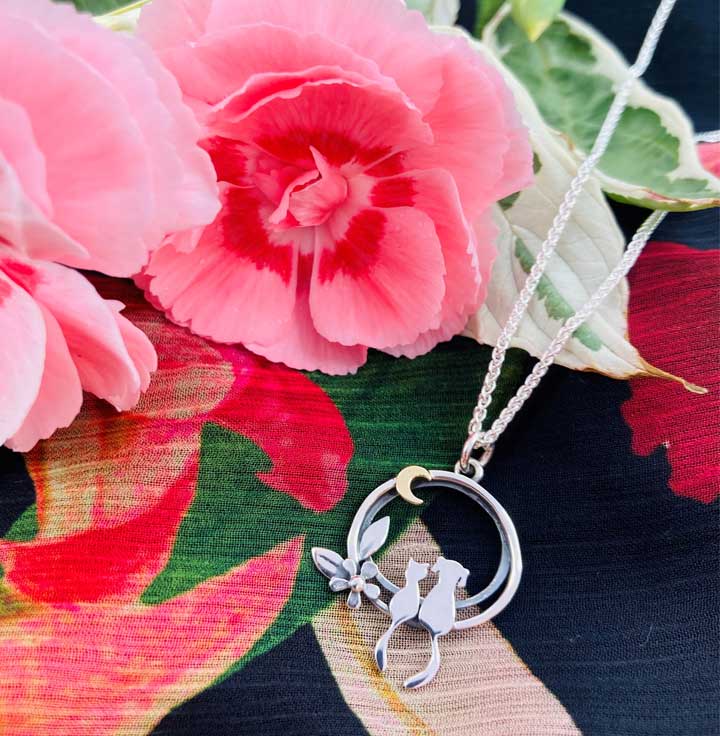 Cat & Dog Best Friends Necklace - Silver & 9ct Gold