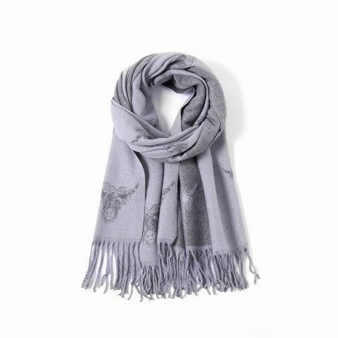 Sky Blue Cashmere Blend Reversible Highland Cow With Bow scarf