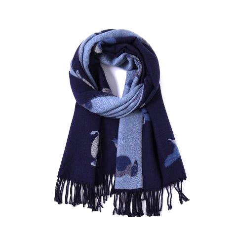 Navy/Blue Cashmere Blend Reversible Puffins Scarf