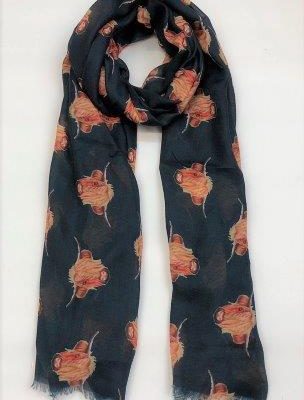Black Lightweight Cashmere Blend Highland Cow Scarf