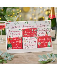 Merry & Cheer Ceramic Raised Design Coaster (6 assorted designs)