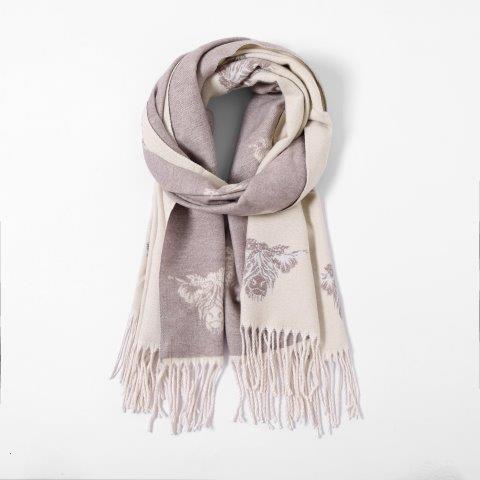 Cream Cashmere Blend Reversible Highland Cow With Bow scarf