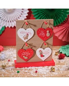 Furry & Festive Cat Heart Shaped Wood Hanging Decoration (4 Assorted)