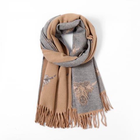 Camel / Grey Cashmere Blend Reversible Highland Cow With Bow scarf