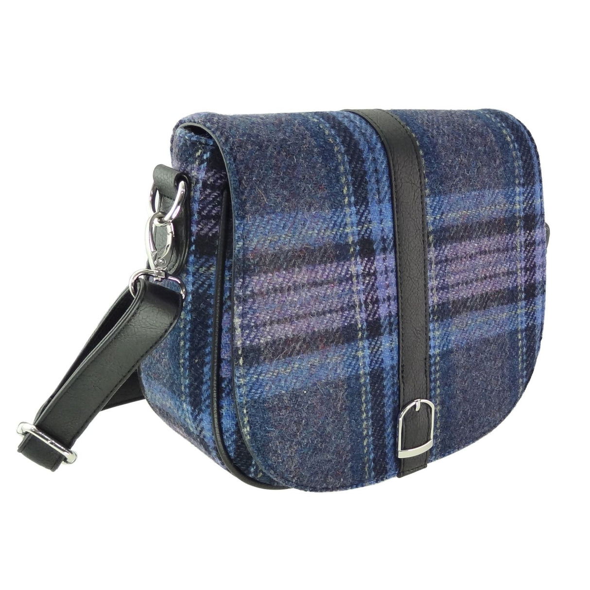 Beauly Harris Tweed Curved Shoulder Bag Blue & Purple Stewart Tartan
