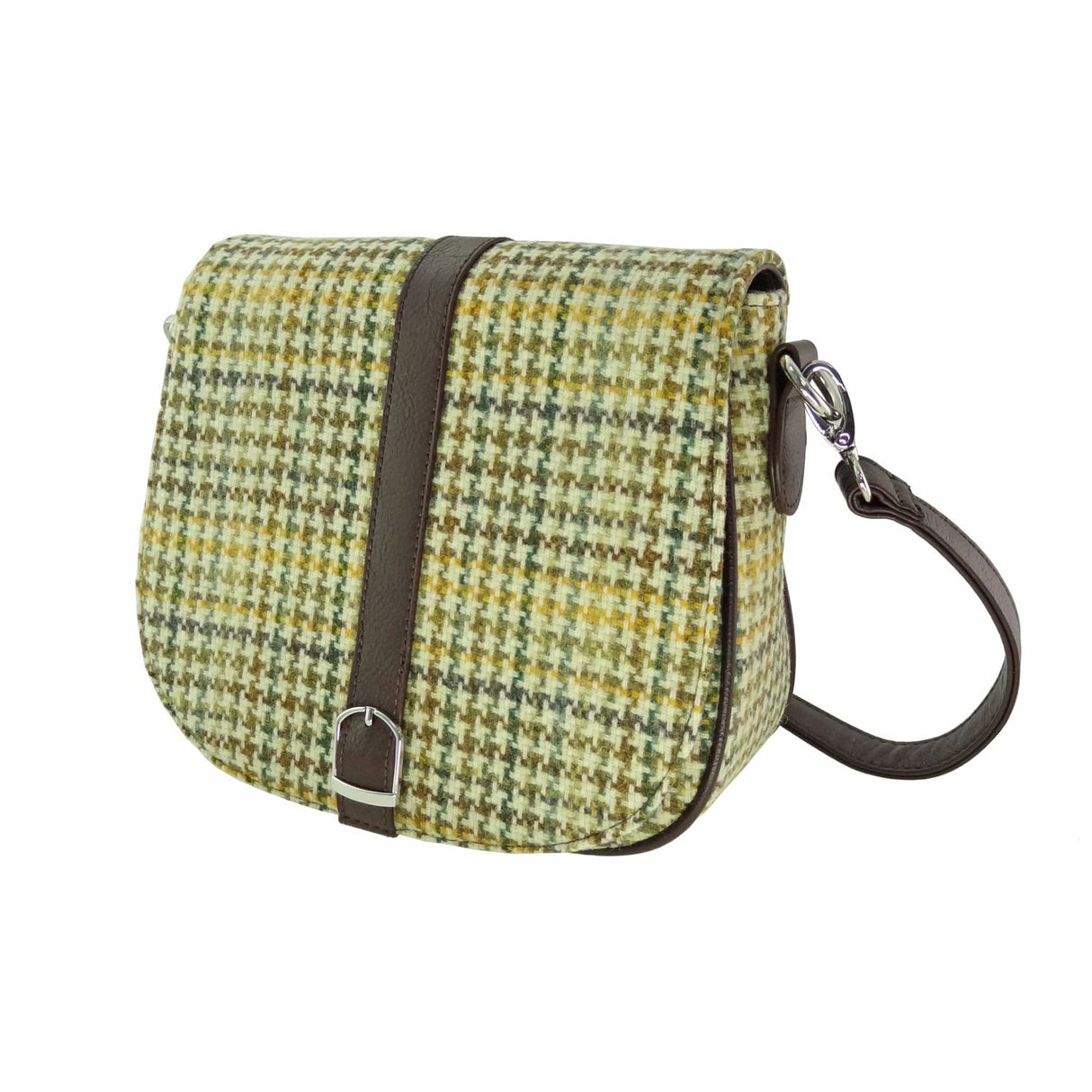 Beauly Harris Tweed Curved Shoulder Bag Yellow, Green & Brown Dogtooth