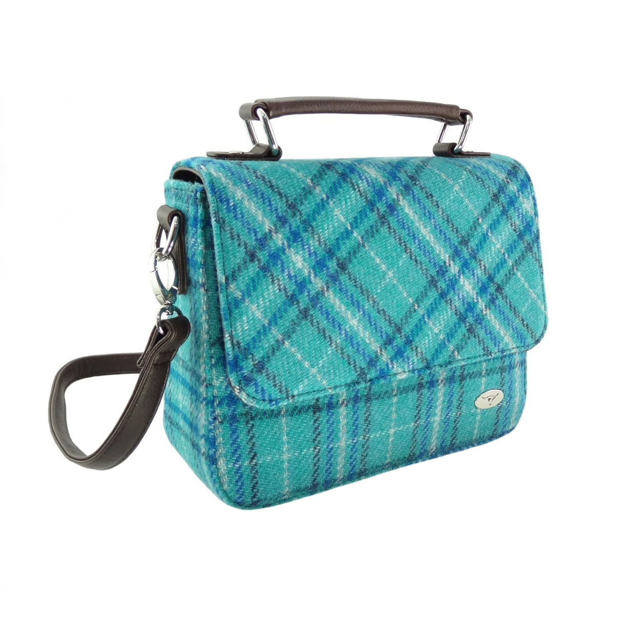 Thurso Harris Tweed Top Handle Square Handbag Teal & Blue Check