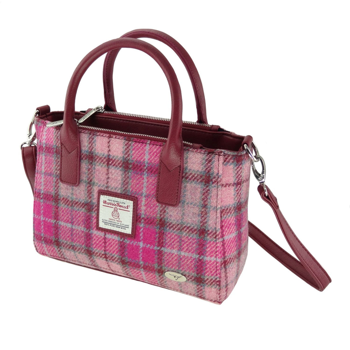 Brora Harris Tweed Small Tote Bag with shoulder strap Vibrant Pink Buchanan