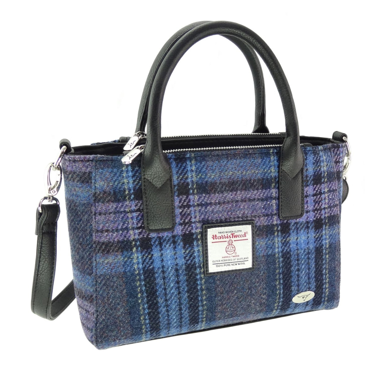 Brora Harris Tweed Small Tote Bag with shoulder strap Blue & Purple Stewart Tartan