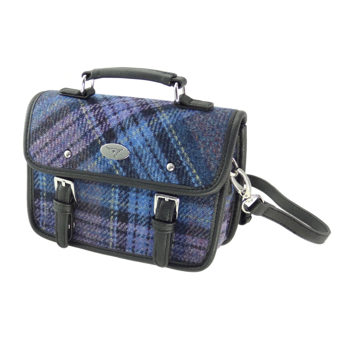 Bervie Harris Tweed Mini Satchel Blue & Purple Stewart Tartan