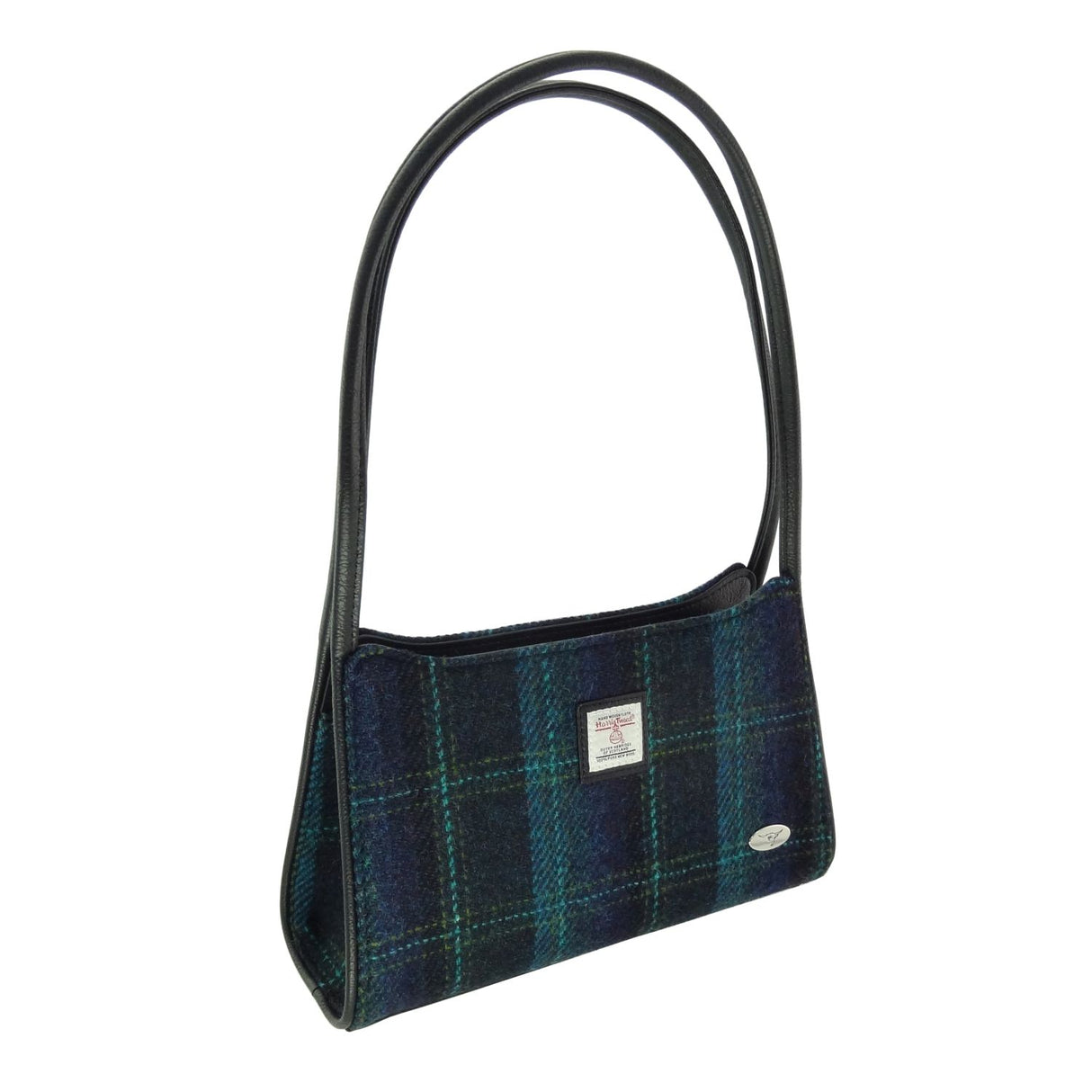 Findhorn Harris Tweed Structured Handbag with Shoulder Strap Blue with Turquoise Overcheck