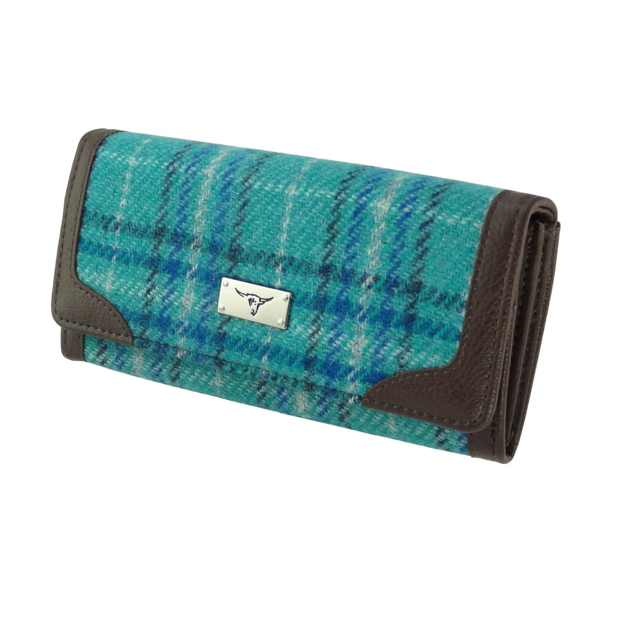 Bute Harris Tweed Long Purse with Zip/Card Teal & Blue Check