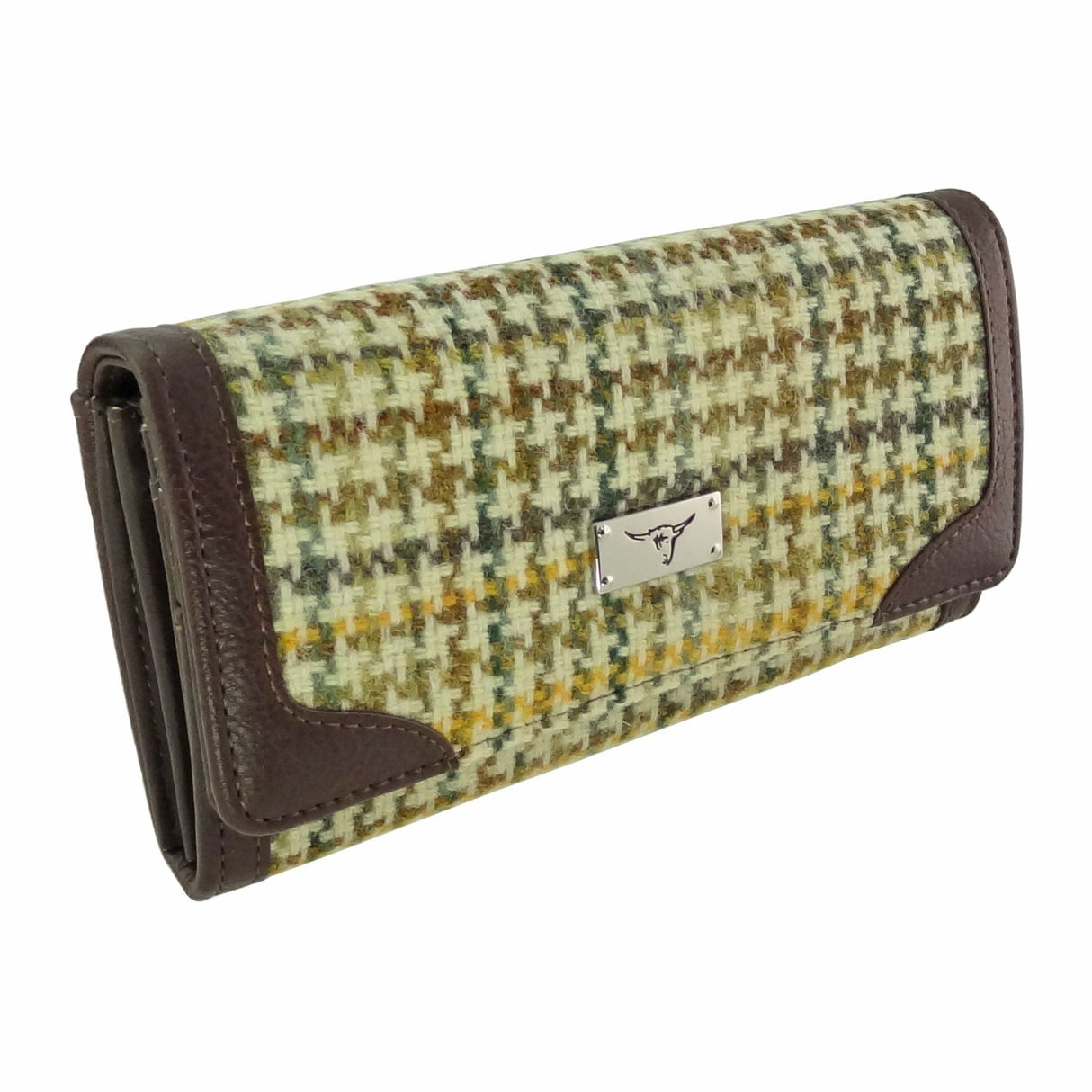 Bute Harris Tweed Long Purse with Zip/Card Yellow, Green & Brown Dogtooth