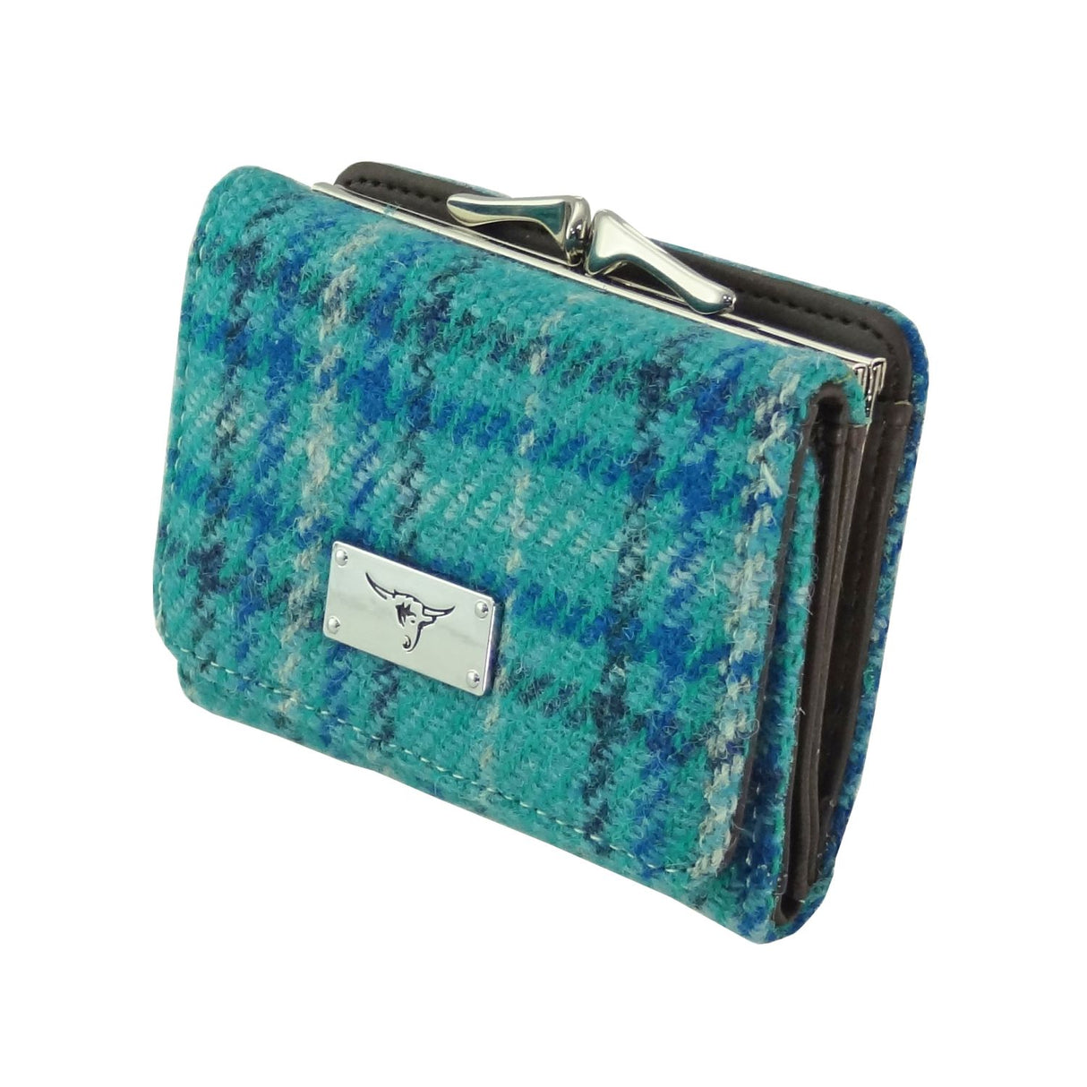 Unst Harris Tweed Small Clasp Purse with Card Section Teal & Blue Check