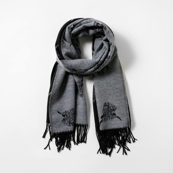 Grey / Black Cashmere Blend Reversible Highland Cow scarf